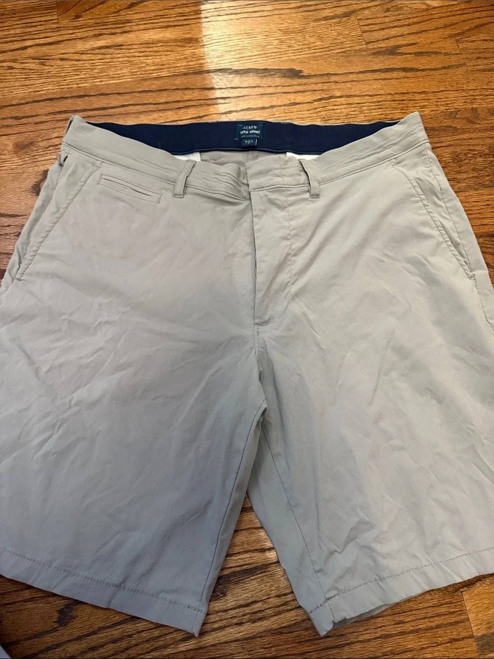 J. Crew Men’s Light Khaki Flat-Front Shorts with Navy Interior Waistband